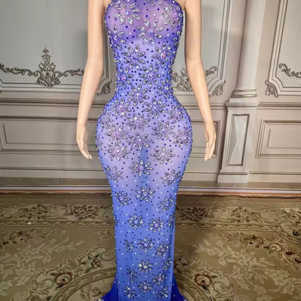 Elegant Blue Embellished Evening Gown